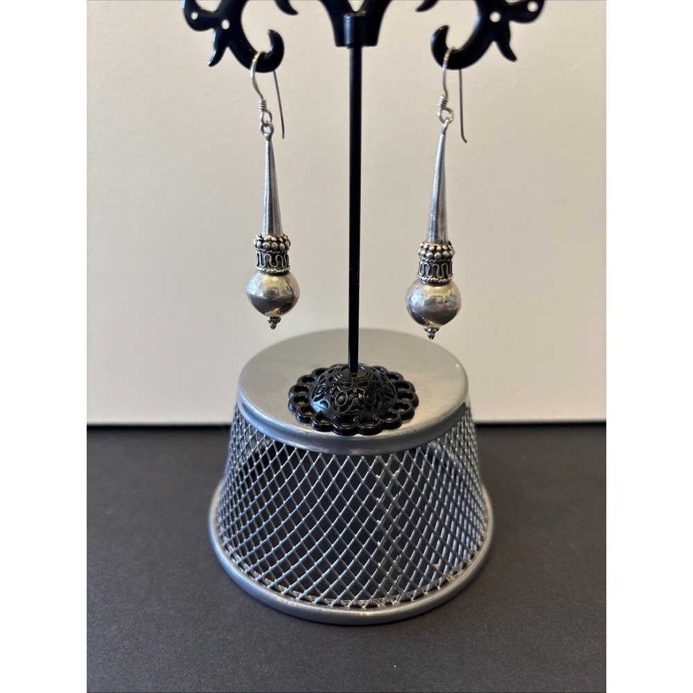 Vintage Victorian Etruscan Revival style sterling silver torpedo drop earrings